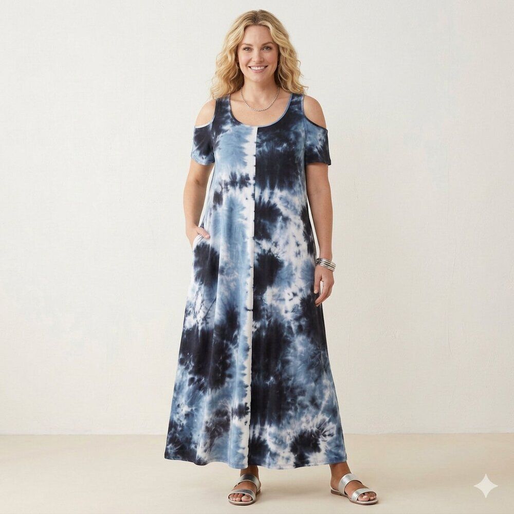 Catherines Blue and Gray Tie-Dye Maxi Cold Shoulder Dress